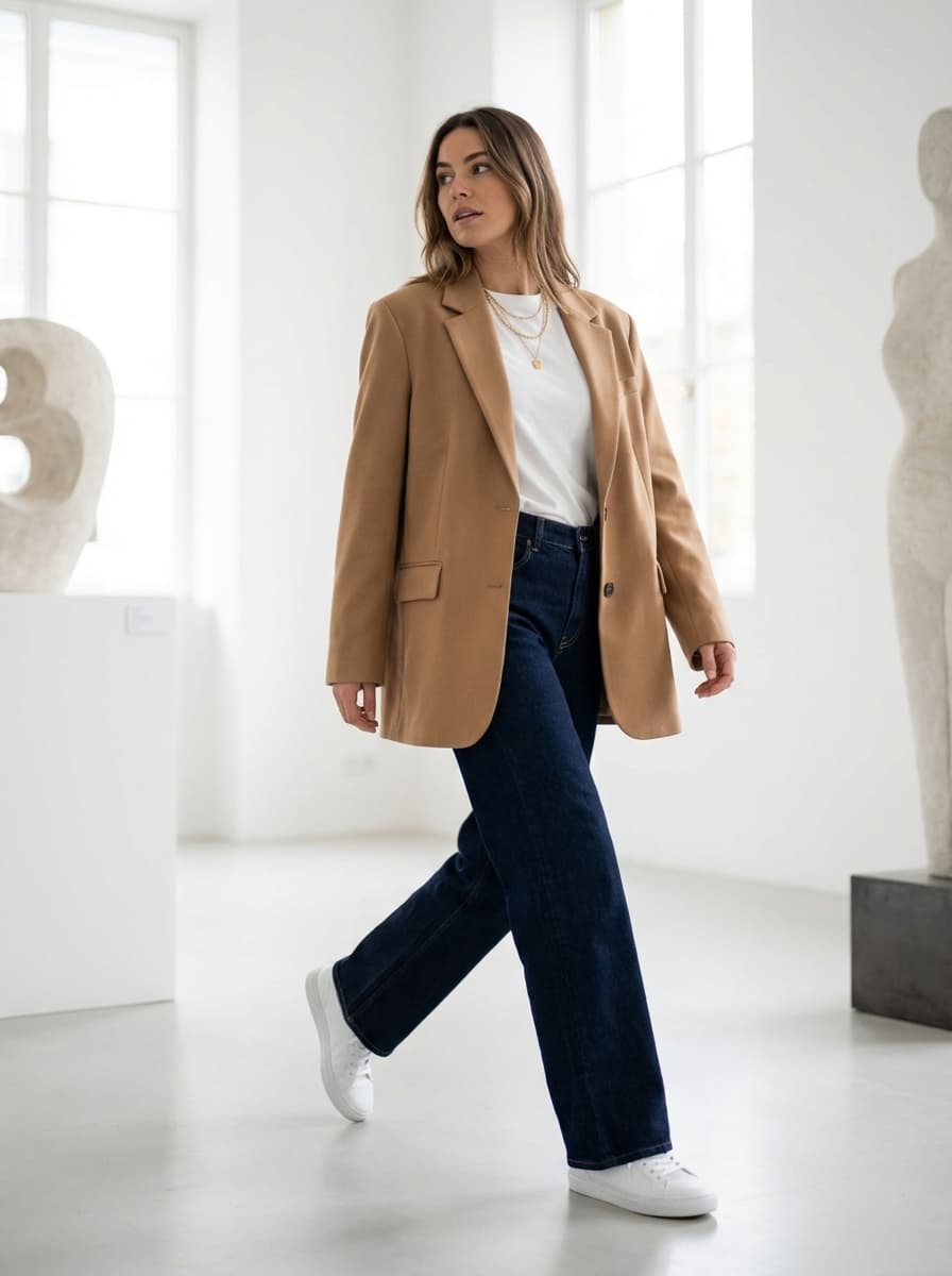 Work-ready camel blazer outfit
